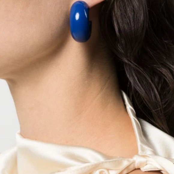 💙 Vtg Uncommon Matters Beam Semi Hoop Earrings Deep Cobalt Blue Enamel 925 - Picture 2 of 12